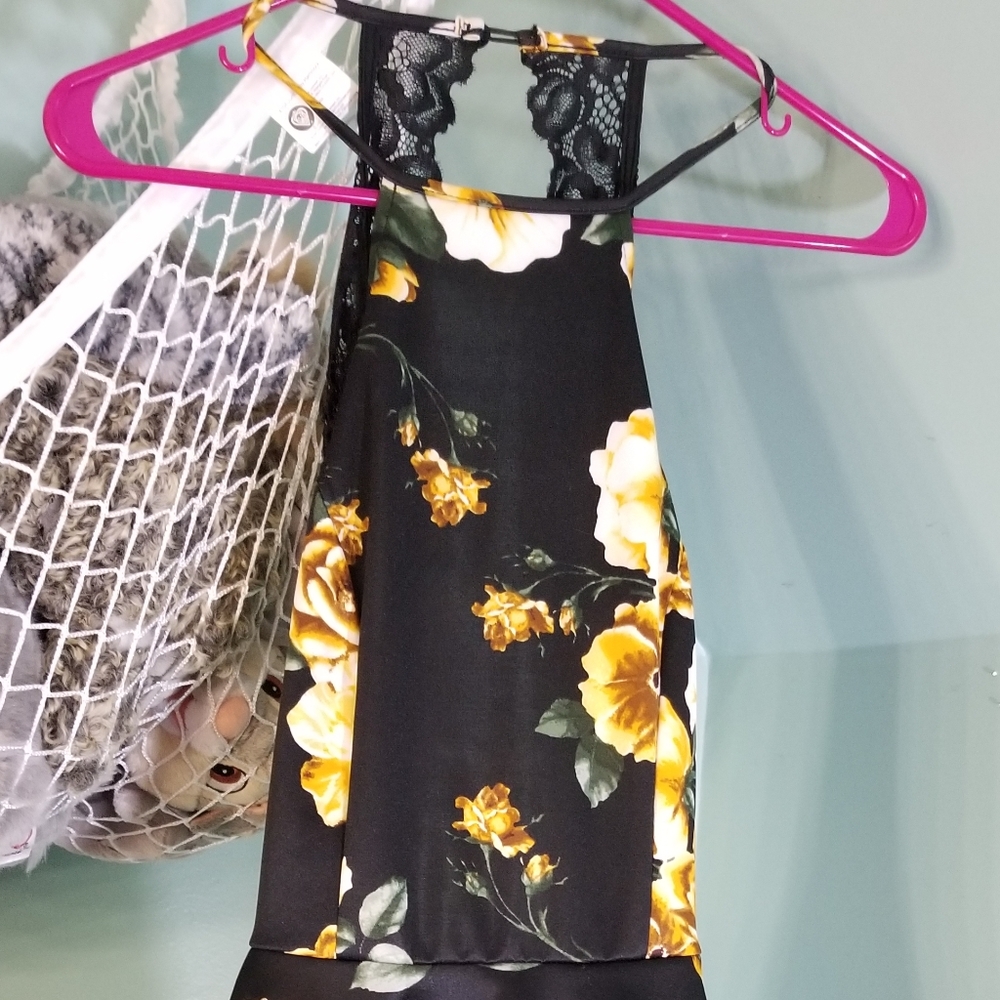 Black Floral Summer Romper Dress with Lace Straps